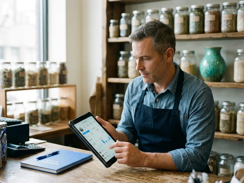 Un commerçant de Villejuif optimise sa visibilité locale sur sa tablette dans sa boutique artisanale.