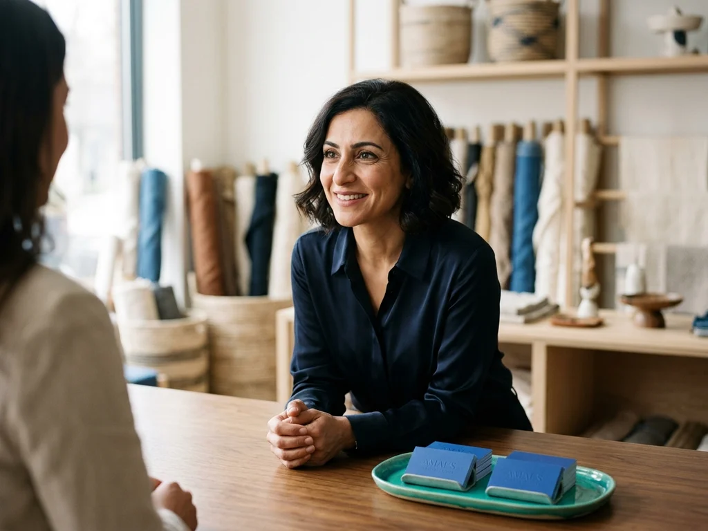 Commerçante de Villejuif souriante dans sa boutique, illustrant la réussite d'un partenariat local de référencement.