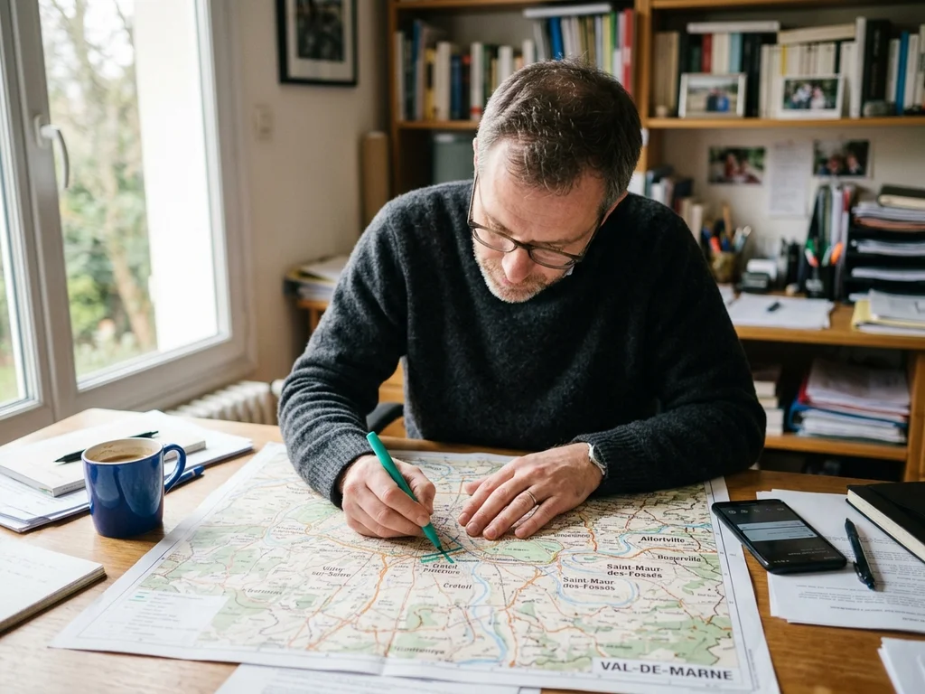 Consultant analysant une carte de Villejuif pour optimiser la visibilité locale des commerces.
