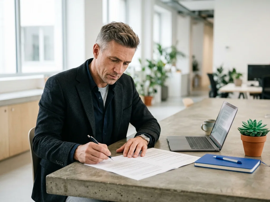Expert relisant des documents contractuels dans un bureau de Villejuif pour la conformité légale.