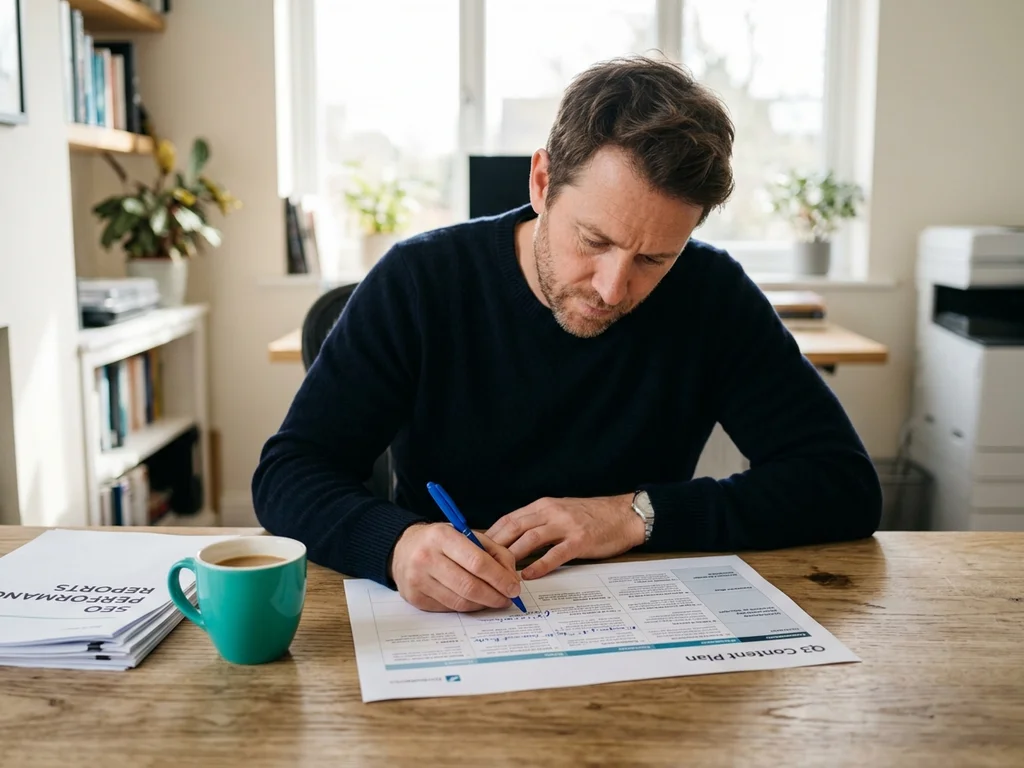 Rédacteur SEO à Villejuif analysant des documents pour une stratégie de contenu performante.